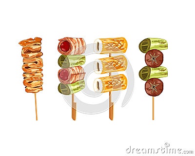 Mala Tang, Isolated Chinese hot pot meat on sticks menu. Cartoon Illustration