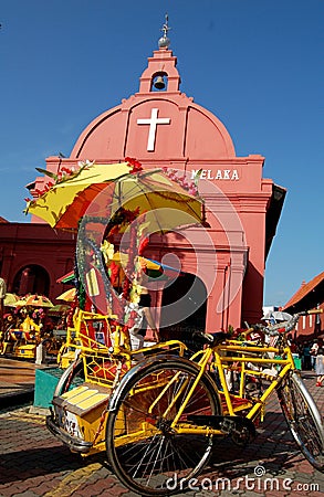 Malacca Tricycle & The Church Stock Photo