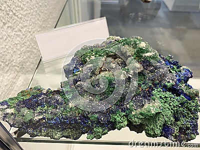Malachite, Azurite, Aragonite or Malachit, Azurit, Aragonit minerals and crystals in the exhibition Mount SÃ¤ntis - Switzerland Stock Photo