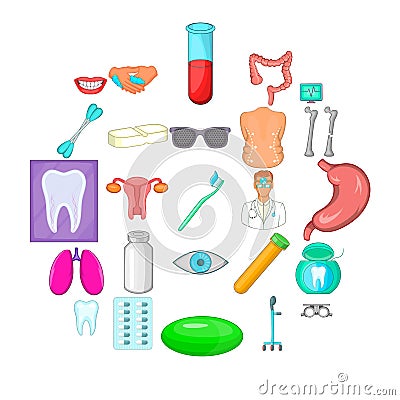 Malady icons set, cartoon style Vector Illustration