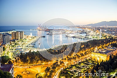 Malaga skyline with port at the evening, Andalusia, Spain Stock Photo