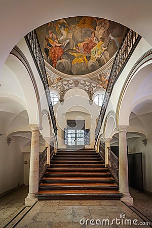 Imperial stairs at Bishops Palace (Episcopal Palace) Interior - Malaga, Andalusia, Spain Editorial Stock Photo