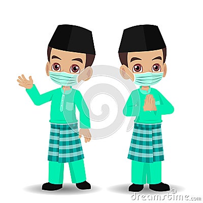 Malay boy wear a mask in the hari raya aidilfitri Vector Illustration