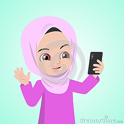 Malay girl having a video call by looking at her smartphone Stock Photo