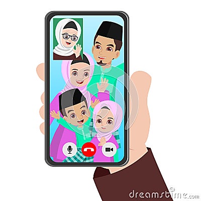Malay girl having a video call to her grandma using smartphone Vector Illustration