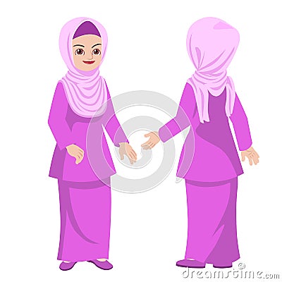 Malay hijab woman in standing poses front and back view Vector Illustration