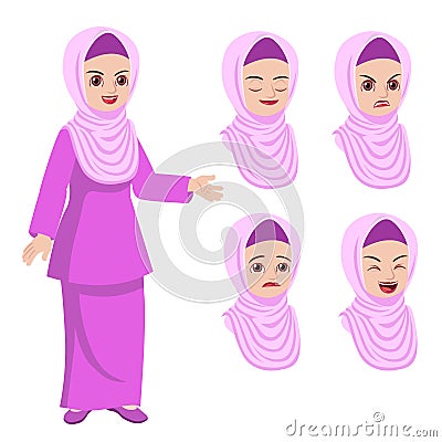 Malay woman in traditional dress with face expression set Vector Illustration