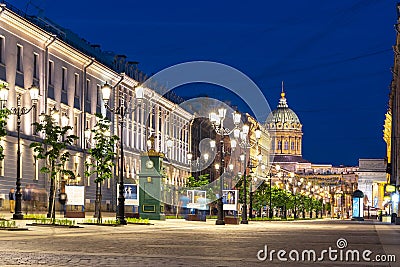 Malaya Konyushennaya street and Kazan Cathedral at night, Saint Petersburg, Russia Editorial Stock Photo