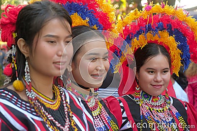 Malaybalay City, Philippines - women in ethnic Talaandig tribal costume at the annual Kaamulan Festival in Bukidnon. Editorial Stock Photo