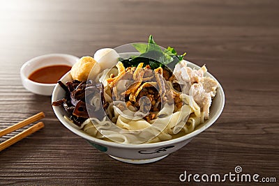 Malaysia hawker food - Pan Mee is made with a simple flour-based dough with anchovy broth Stock Photo