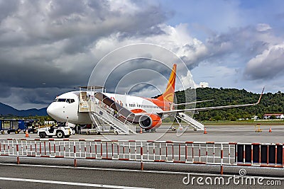 Airplane preparation to fly in Langkawi airport, Malaysia Editorial Stock Photo