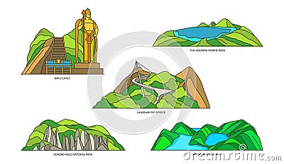 Malaysia linear landmarks, travel and nature icons Vector Illustration