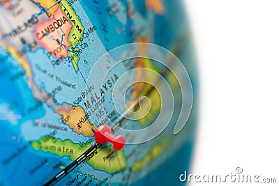 Malaysia map. Earth globe close up with a red pin. Stock Photo