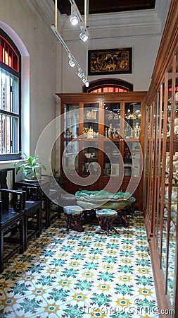 Malaysia Penang Vintage Ancient Antique Chinese Jade Furniture Treasure Nyonya Nonya Green House Mosaic Pinang Peranakan Mansion Editorial Stock Photo