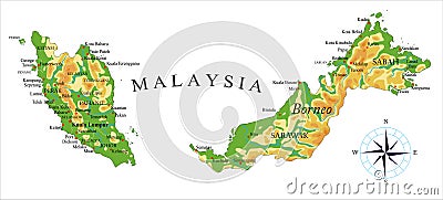 Malaysia physical map Vector Illustration