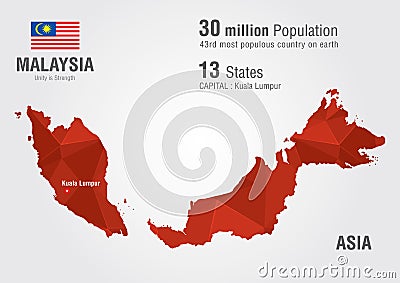 Malaysia world map with a pixel diamond texture. Vector Illustration