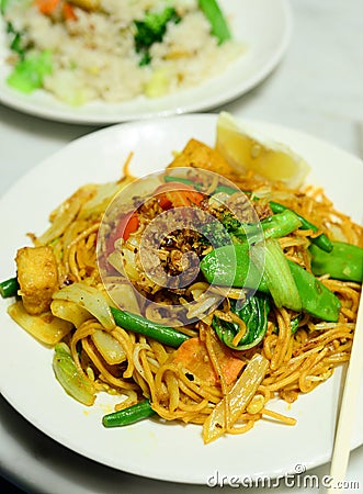 Malaysian vegetable noodles and jasmine rice Stock Photo