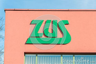 Logo ZUS Polish: Zaklad Ubezpieczen Spolecznych. ZUS is Polish Social Insurance Institution. Editorial Stock Photo