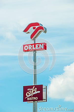 Malbork, Poland - June 18, 2017: Malbork, Poland - June 18, 2017: Logo / Sign of Orlen and stop cafe bistro on gas station. Editorial Stock Photo