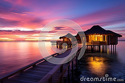 Maldives charm sunset, water villas, sandy shores for a dream vacation Stock Photo