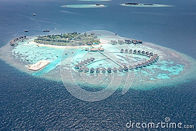 Aerial Maldives landscape. Luxurious summer island view from above. Tropical resort Stock Photo