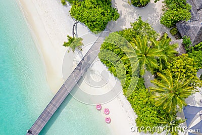Maldives paradise island. Tropical aerial landscape, seascape water bungalows villas with amazing sea lagoon beach Stock Photo
