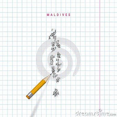 Maldives sketch scribble vector map drawn on checkered school notebook paper background Vector Illustration