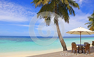 Maldives, tropical beach deck at ocean Stock Photo