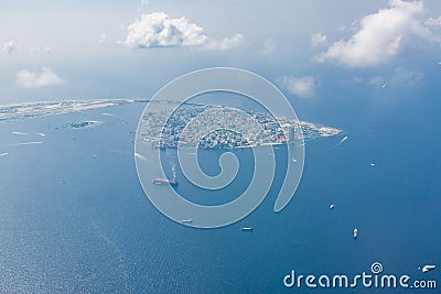 Maldivian capital city Male from above, blue sea and boats Stock Photo