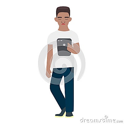 Male african american college student using tablet computer. Teenager flat vector cartoon character reading e-book Vector Illustration