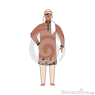 Male Arab cartoon character in traditional Arabic headscarf and thobe. Vector Illustration