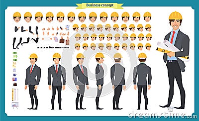 Male architect in business suit and protective helmet. Character creation set. Vector Illustration