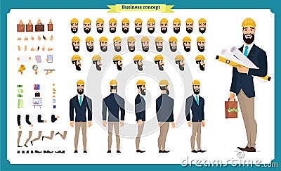 Male architect in business suit and protective helmet. Character creation set. Full length, different views, emotions and gestures Vector Illustration