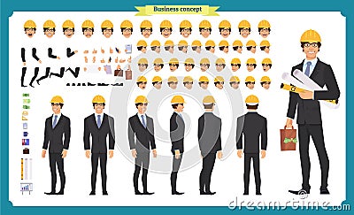 Male architect in business suit and protective helmet. Character creation set. Vector Illustration