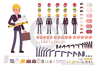 Male architect in business suit and protective helmet. Character creation set Vector Illustration