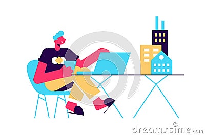 Male architect designer works on laptop with Vector Illustration