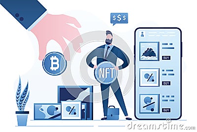 Male artist or art dealer sells artworks online. Buyer hand gives bitcoin. Technology of selling NFT tokens for cryptocurrency Vector Illustration