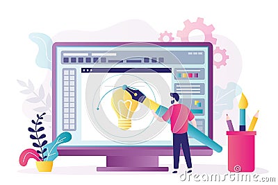 Male artist with large stylus draws on screen. Digital designer working on picture on computer monitor. Man draws in special Vector Illustration