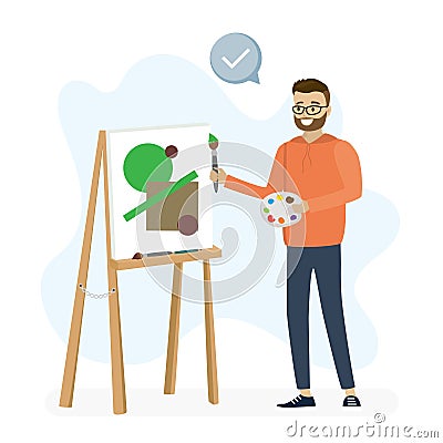 Male artist stands at an easel and draws picture. Funny caucasian man painter is holding brush and palette, process of creating Vector Illustration