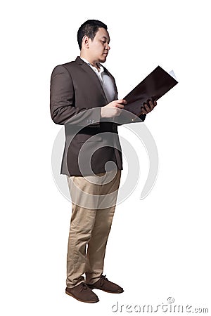 Male Asian businessman standing and holding document paper, full body length portrait isolated on white Stock Photo