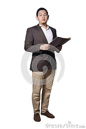 Male Asian businessman standing and holding document paper, full body length portrait isolated on white Stock Photo