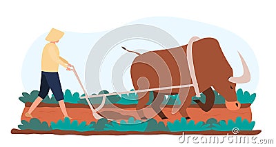 Male asian character is going to farm rice fields with buffalo Cartoon Illustration