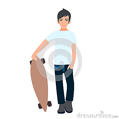 Male Asian college student standing with longboard. Young man skateboarder. Vector Illustration