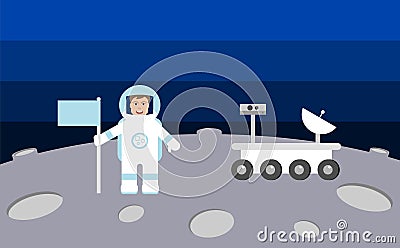 Male astronaut on the moon or another planet or asteroid. Vector Illustration