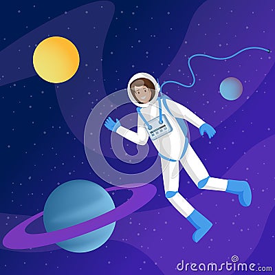 Male astronaut in outer space illustration. Interstellar traveler, cosmonaut in spacesuit floating in cosmos cartoon Vector Illustration