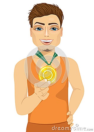 Male athlete showing his gold medal Vector Illustration