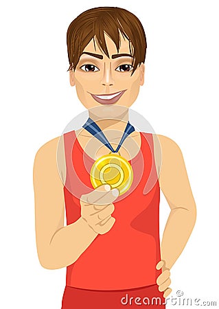 Male athlete showing his gold medal Vector Illustration