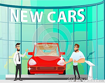 Male Auto Dealer Agents Presenting New Luxury Car Vector Illustration