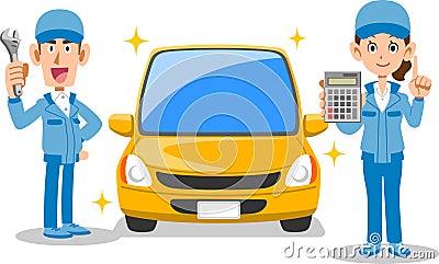 A male auto mechanic who maintains a car and a female auto mechanic who shows a calculator Vector Illustration