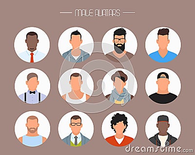 Male avatar icons vector set. People characters in flat style. Faces with different styles and nationalities. Vector Illustration